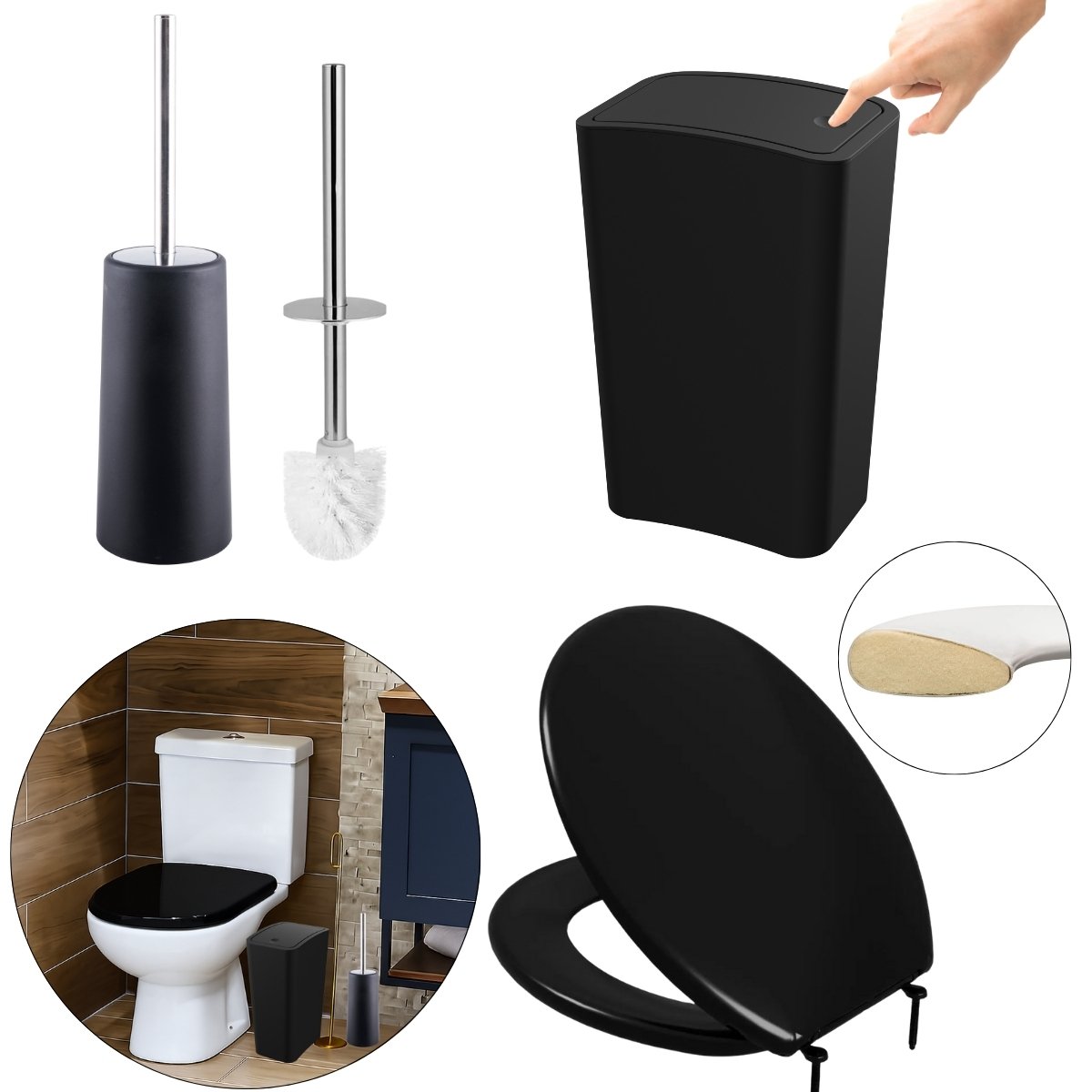 Assento Sanitário Almofadado Slim Preto + Lixeira Preta 8l Tampa Click + Escova Sanitária Base Redonda Preta