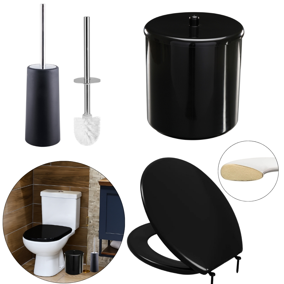 Assento Sanitário Almofadado Slim Preto + Lixeira Preta 6l Redonda C/ Tampa + Escova Sanitária Base Redonda Preta