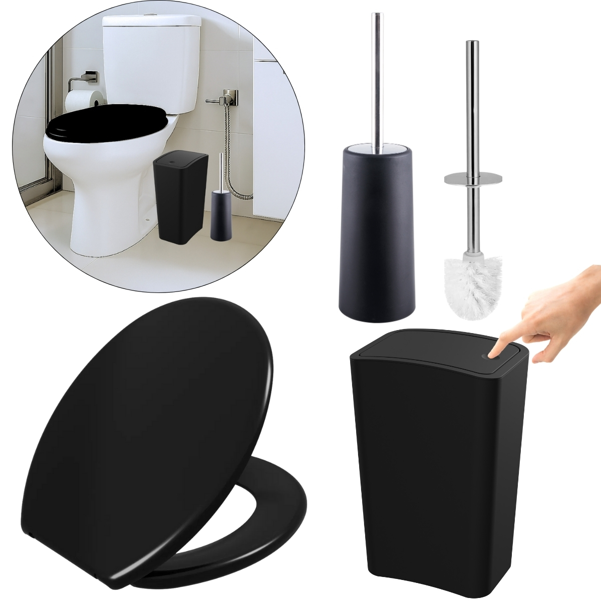 Assento Sanitário Tampa Oval Soft Preto + Lixeira Preta 8l Tampa Click + Escova Sanitária Base Redonda Preta