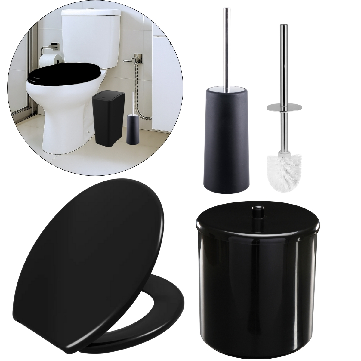Assento Sanitário Tampa Oval Soft Preto + Lixeira Preta 6l Redonda C/ Tampa + Escova Sanitária Base Redonda Preta