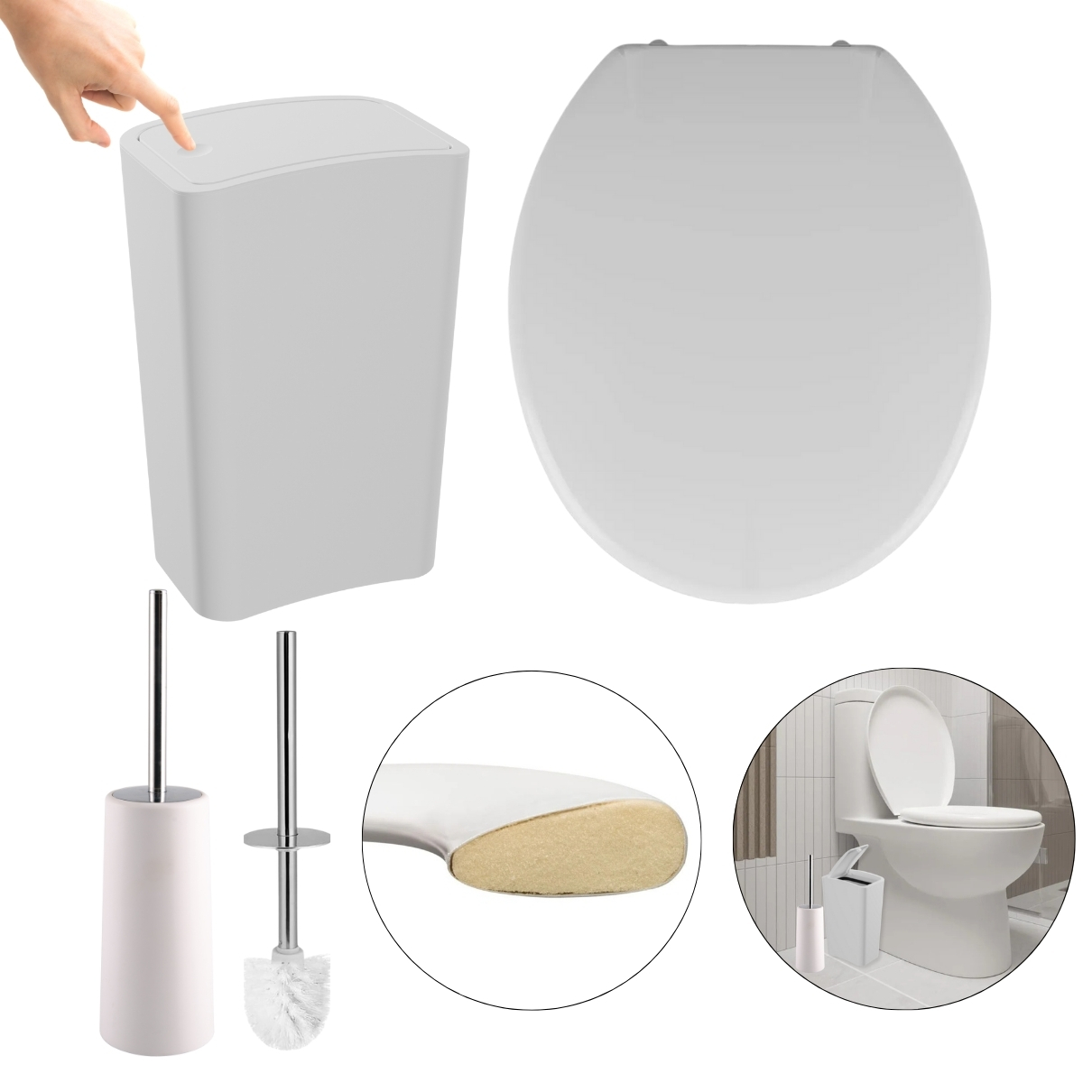 Assento Sanitário Oval Almofadado Branco + Lixeira Branca 8l Tampa Click + Escova Sanitária Base Branca