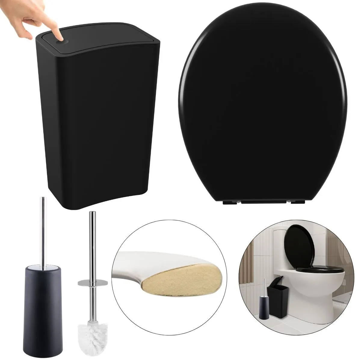 Assento Sanitário Oval Almofadado Preto + Lixeira Preta 8l Tampa Click + Escova Sanitária Base Preta