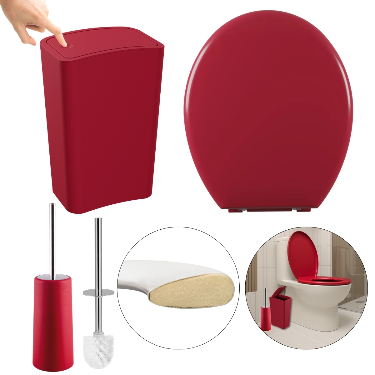 Assento Sanitário Oval Almofadado Vermelho + Lixeira Vermelha 8l Tampa Click + Escova Sanitária Base Vermelha