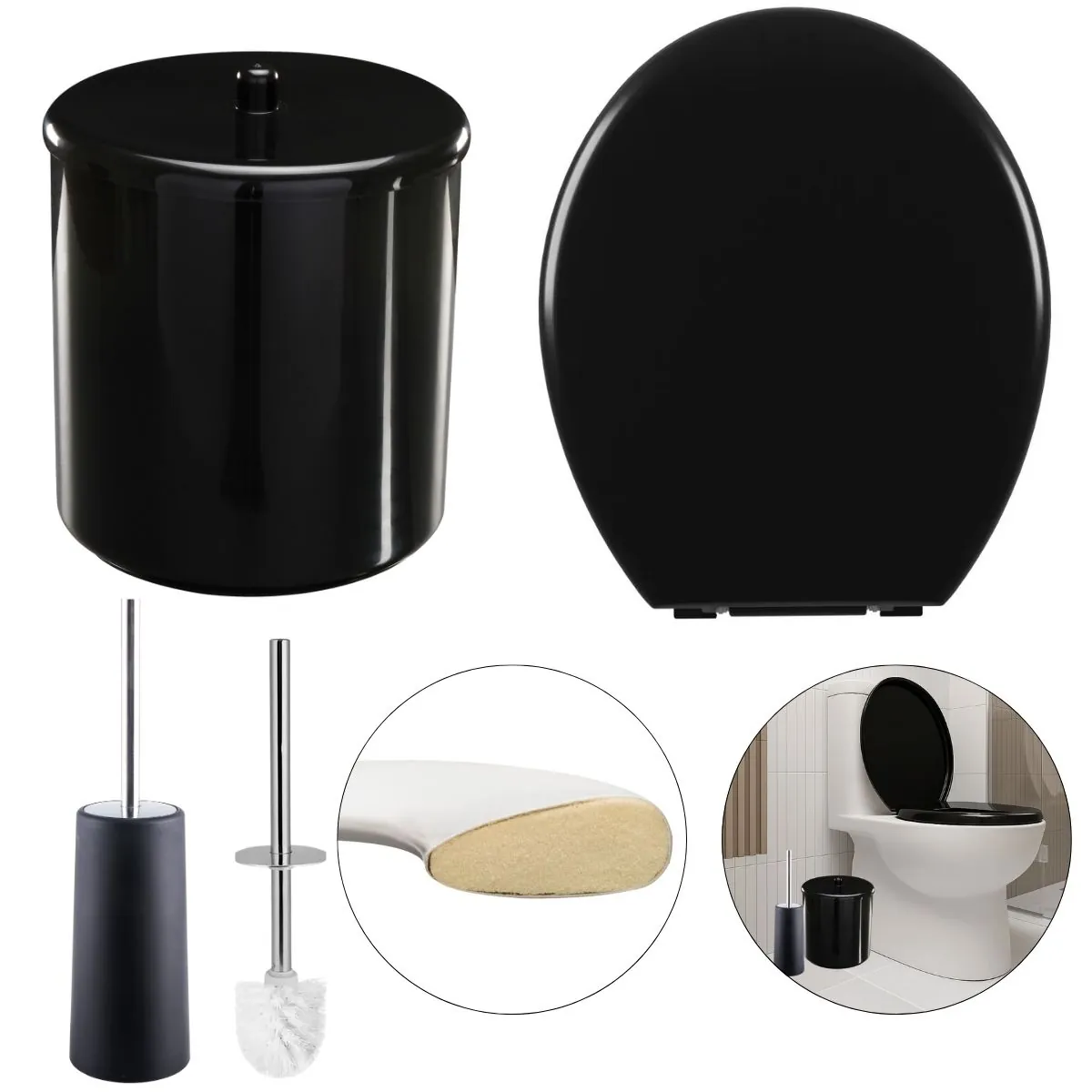 Assento Sanitário Oval Almofadado Preto + Lixeira Preta 6l Redonda C/ Tampa + Escova Sanitária Base Preta