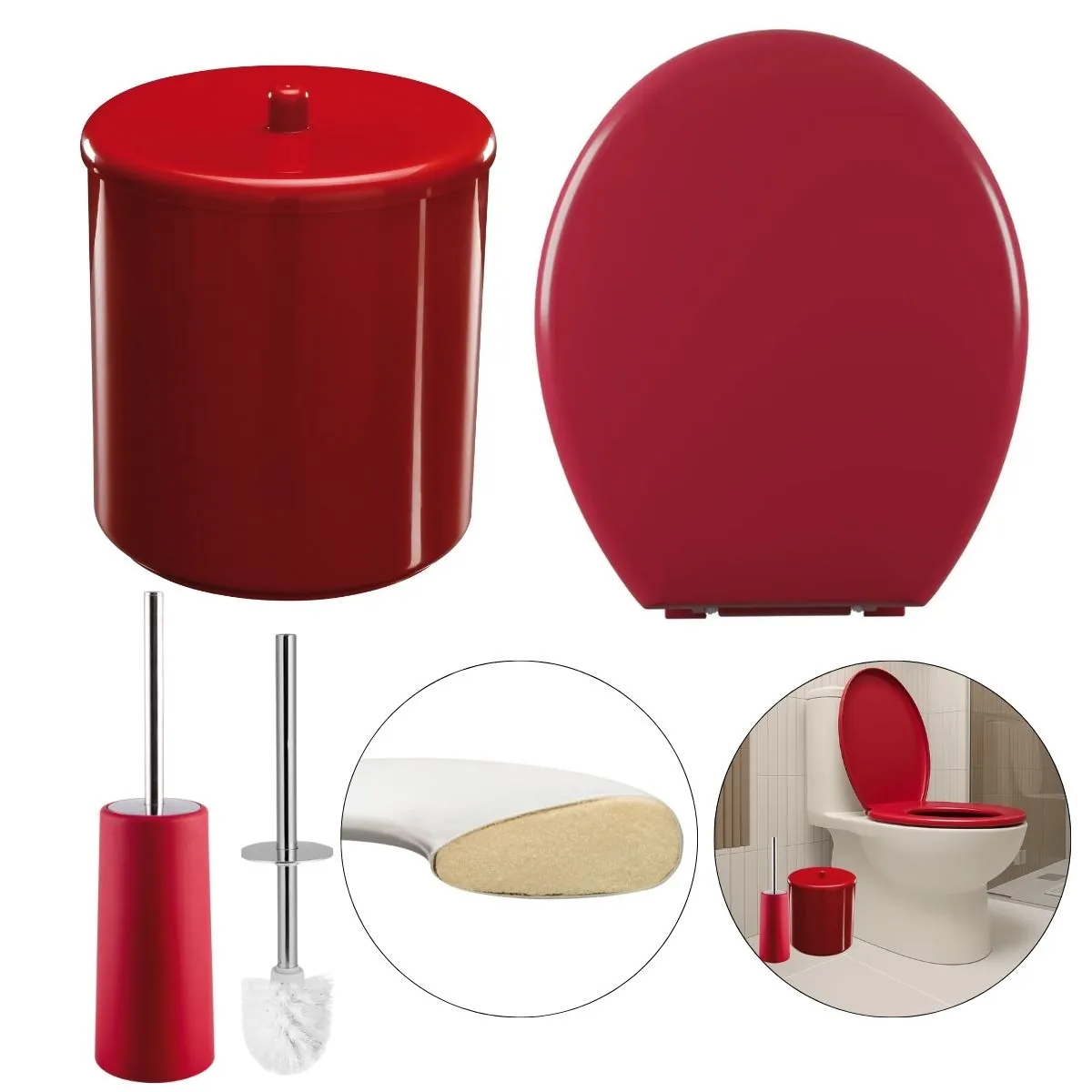 Assento Sanitário Oval Almofadado Vermelho + Lixeira Vermelha 6l Redonda C/ Tampa + Escova Sanitária Base Vermelha