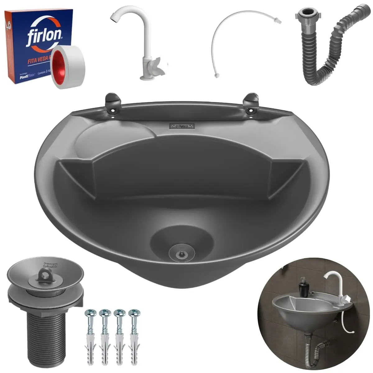 Pia Lavatório 4l Prata + Sifão Sanfonado Universal + Torneira Branca + Engate Branco + Veda Rosca