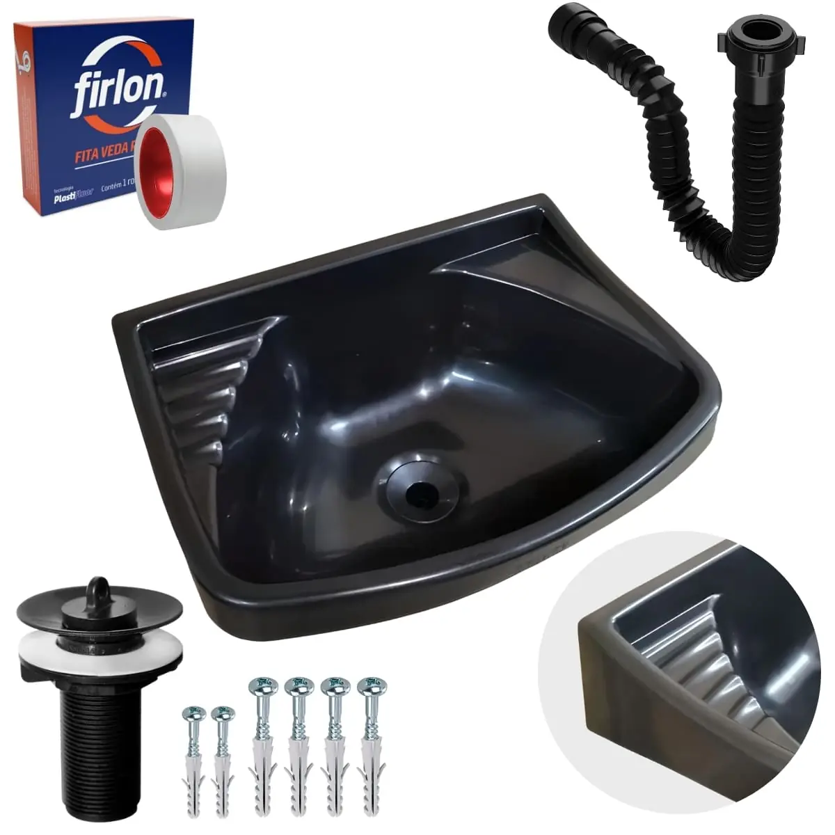 Pia Lavatório Plástico 4,8l Preta + Sifão Sanfonado Universal 61cm Preto + Fita Veda Rosca