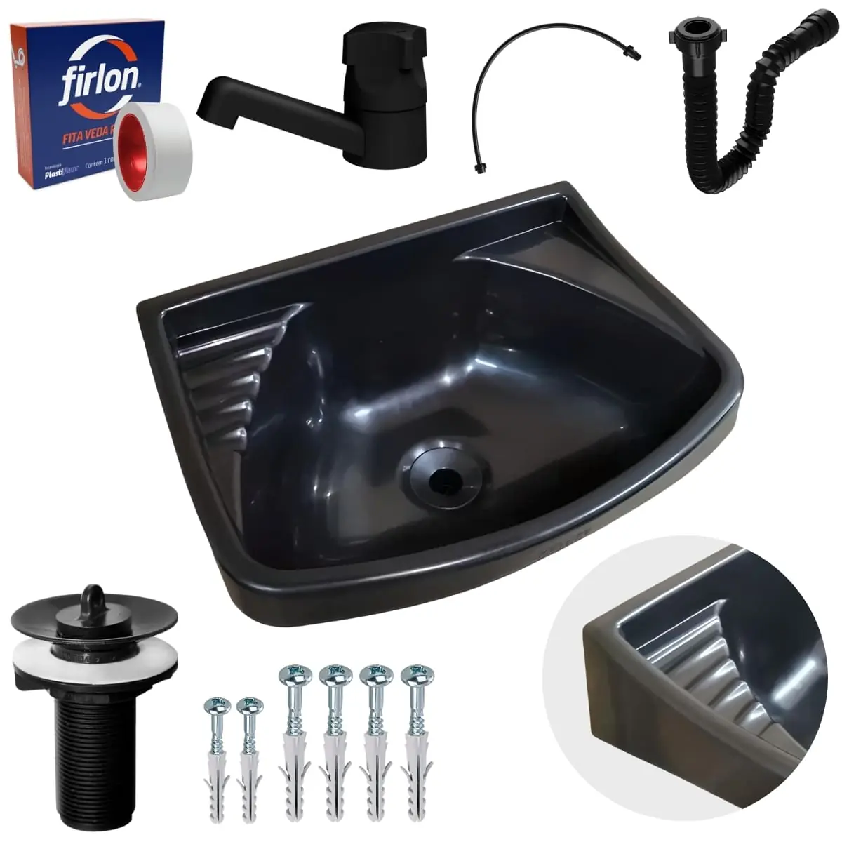 Pia Lavatório Plástico 4,8l Preta + Sifão Sanfonado Universal 61cm Preto + Torneira Preta + Engate Preto + Veda Rosca