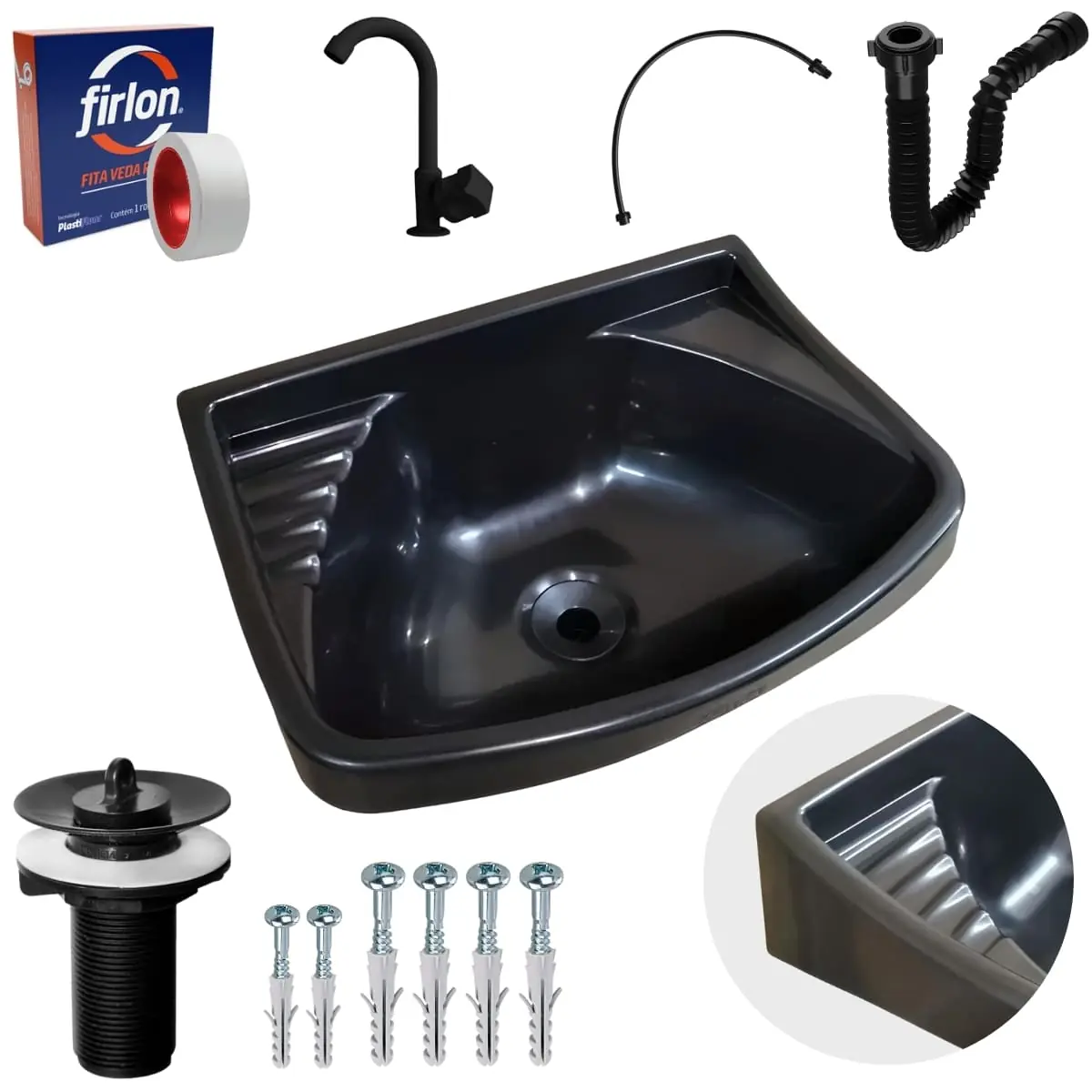 Pia Lavatório Plástico 4,8l Preta + Sifão Sanfonado Universal 61cm Preto + Torneira Preta + Engate Preto + Veda Rosca