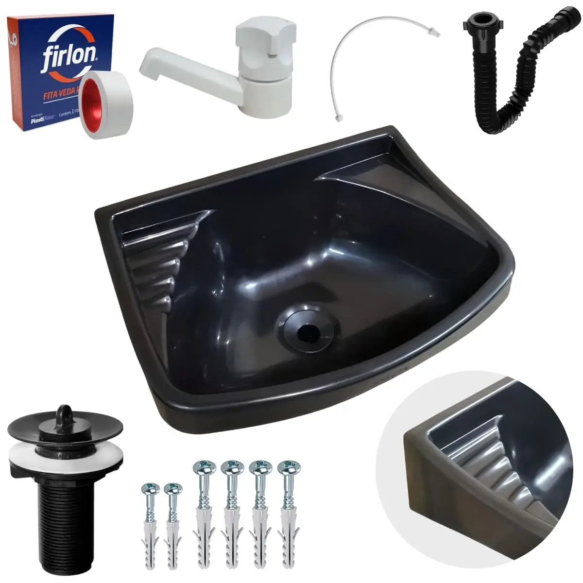Pia Lavatório Plástico 4,8l Preta + Sifão Sanfonado Universal 61cm Preto + Torneira Branca + Engate Branca + Veda Rosca