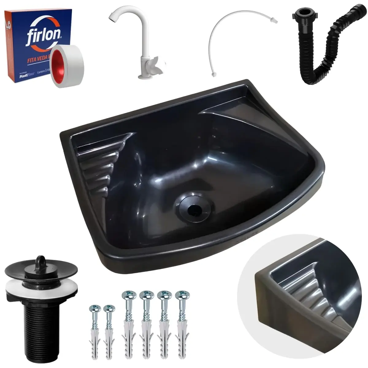 Pia Lavatório Plástico 4,8l Preta + Sifão Sanfonado Universal 61cm Preto + Torneira Branca + Engate Branca + Veda Rosca