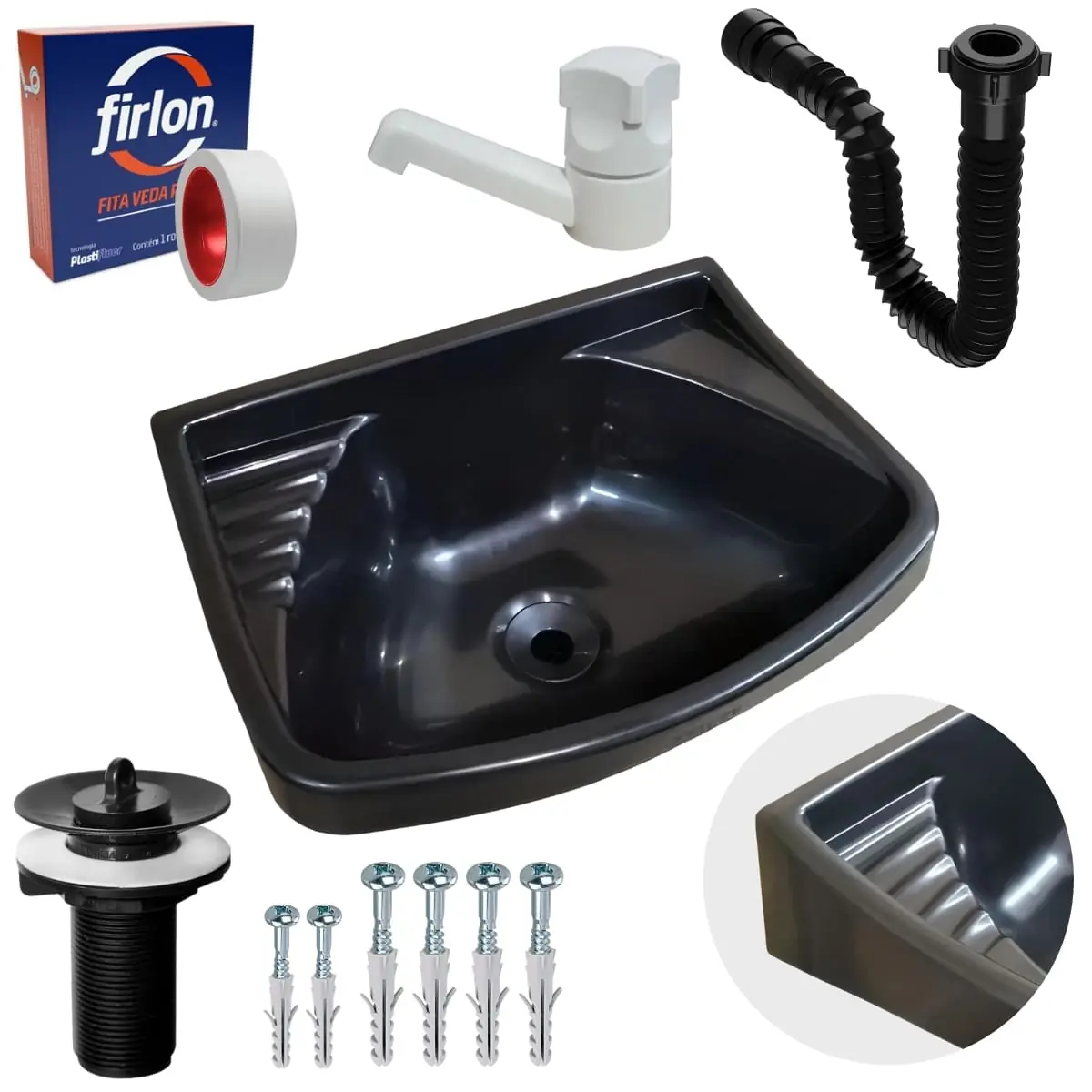 Pia Lavatório Plástico 4,8l Preta + Sifão Sanfonado Universal 61cm Preto + Torneira Branca + Veda Rosca