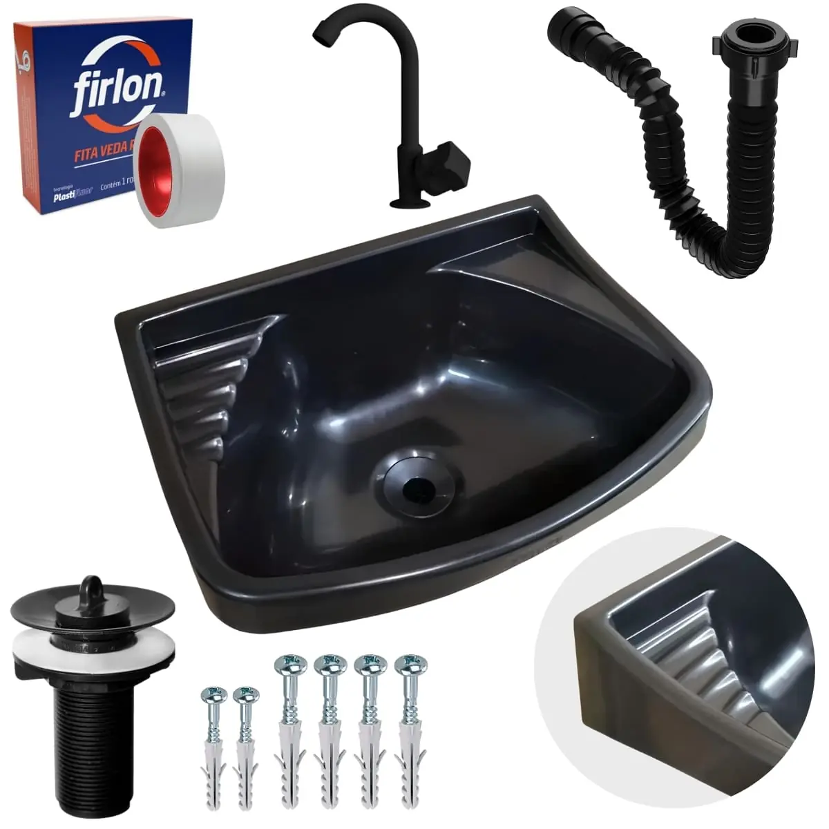 Pia Lavatório Plástico 4,8l Preta + Sifão Sanfonado Universal 61cm Preto + Torneira Preta + Veda Rosca