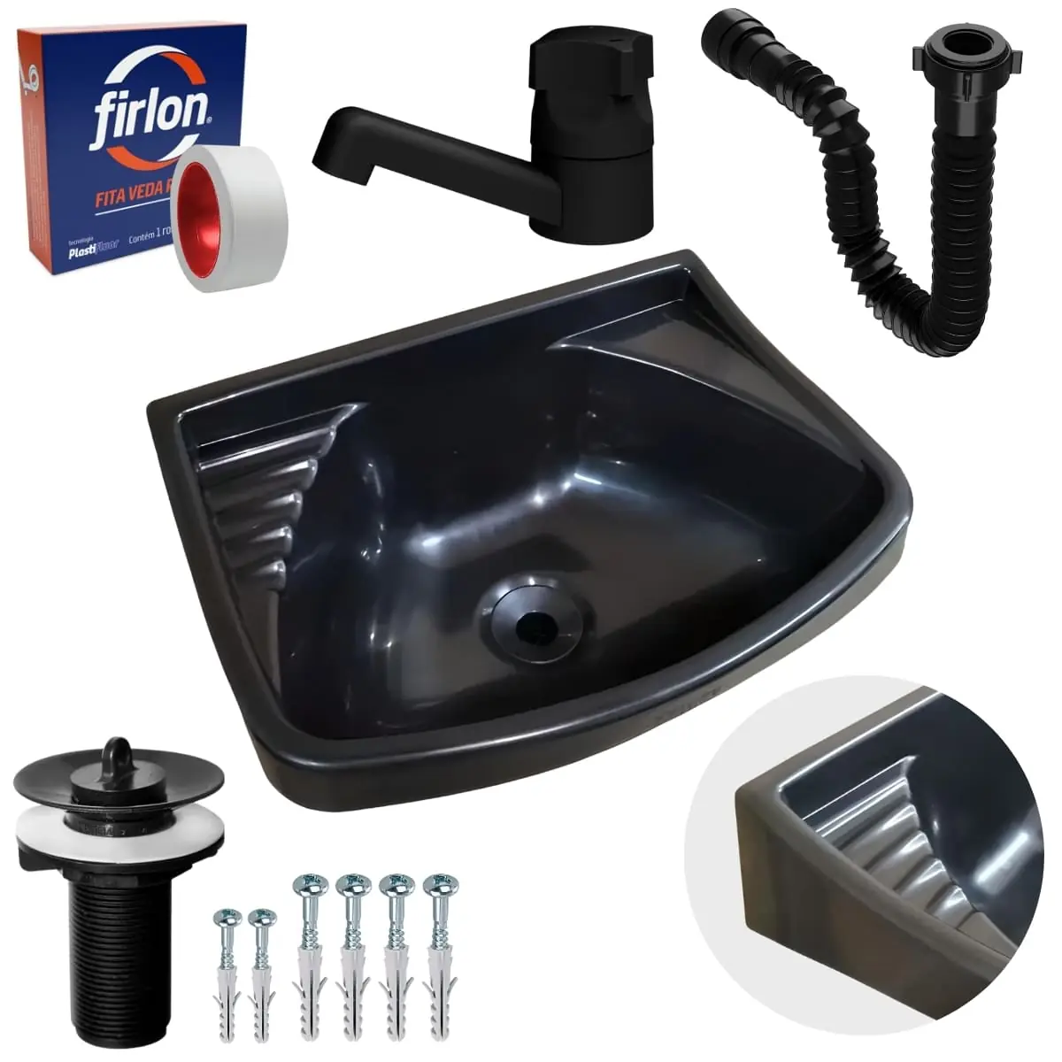 Pia Lavatório Plástico 4,8l Preta + Sifão Sanfonado Universal 61cm Preto + Torneira Preta + Veda Rosca