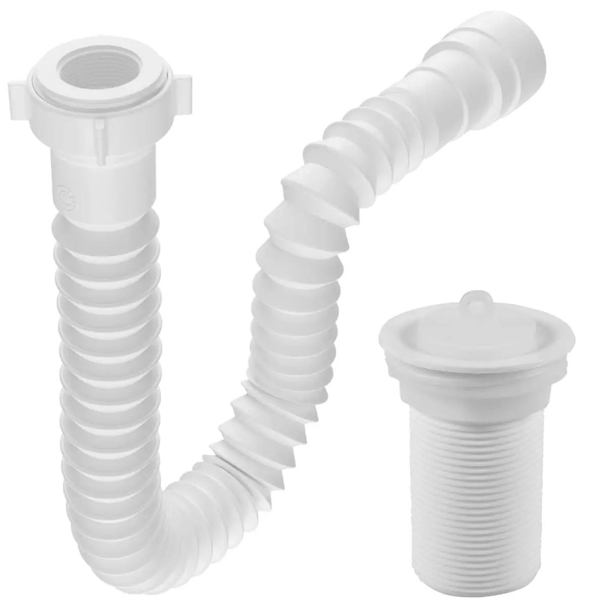 Sifão Sanfonado Universal 61cm Branco + Válvula De Lavatório 1.1/4" Com Tampa Branca + Veda Rosca