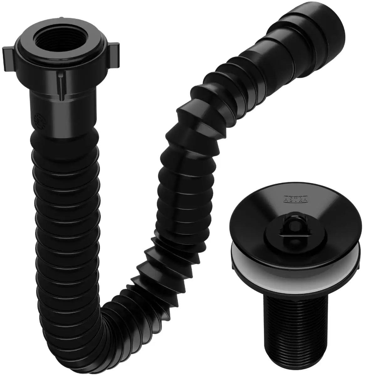 Sifão Sanfonado Universal 61cm Preto + Válvula De Lavatório 7/8" Com Tampa Preta + Veda Rosca
