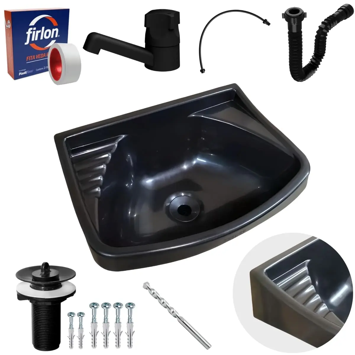 Pia Lavatório 4,8l Preta + Sifão 61cm Preto + Torneira Preta + Engate Preto + Veda Rosca + Broca