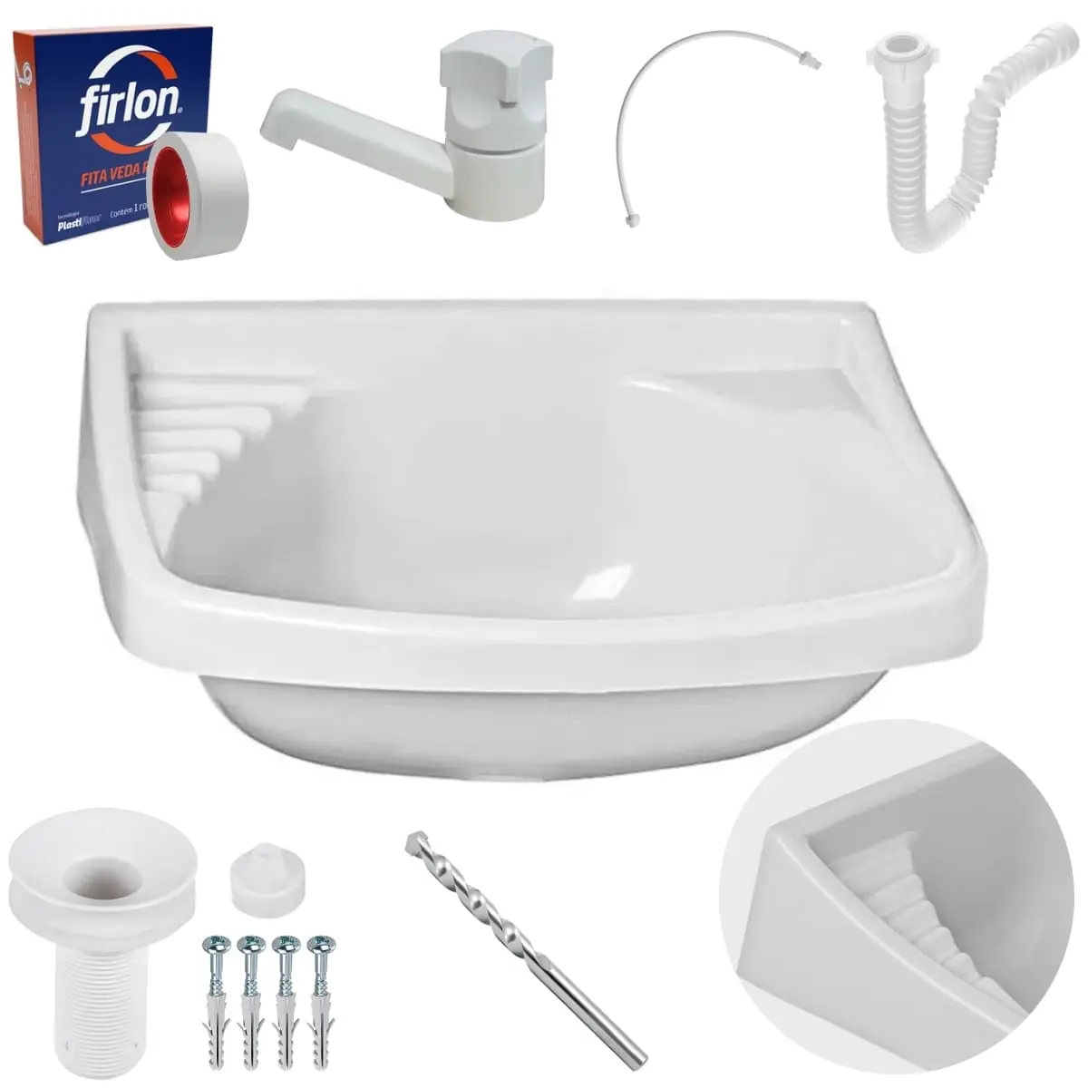 Pia Lavatório 4,8l + Torneira Branca + Sifão Branco + Engate Flexível + Veda Rosca + Broca