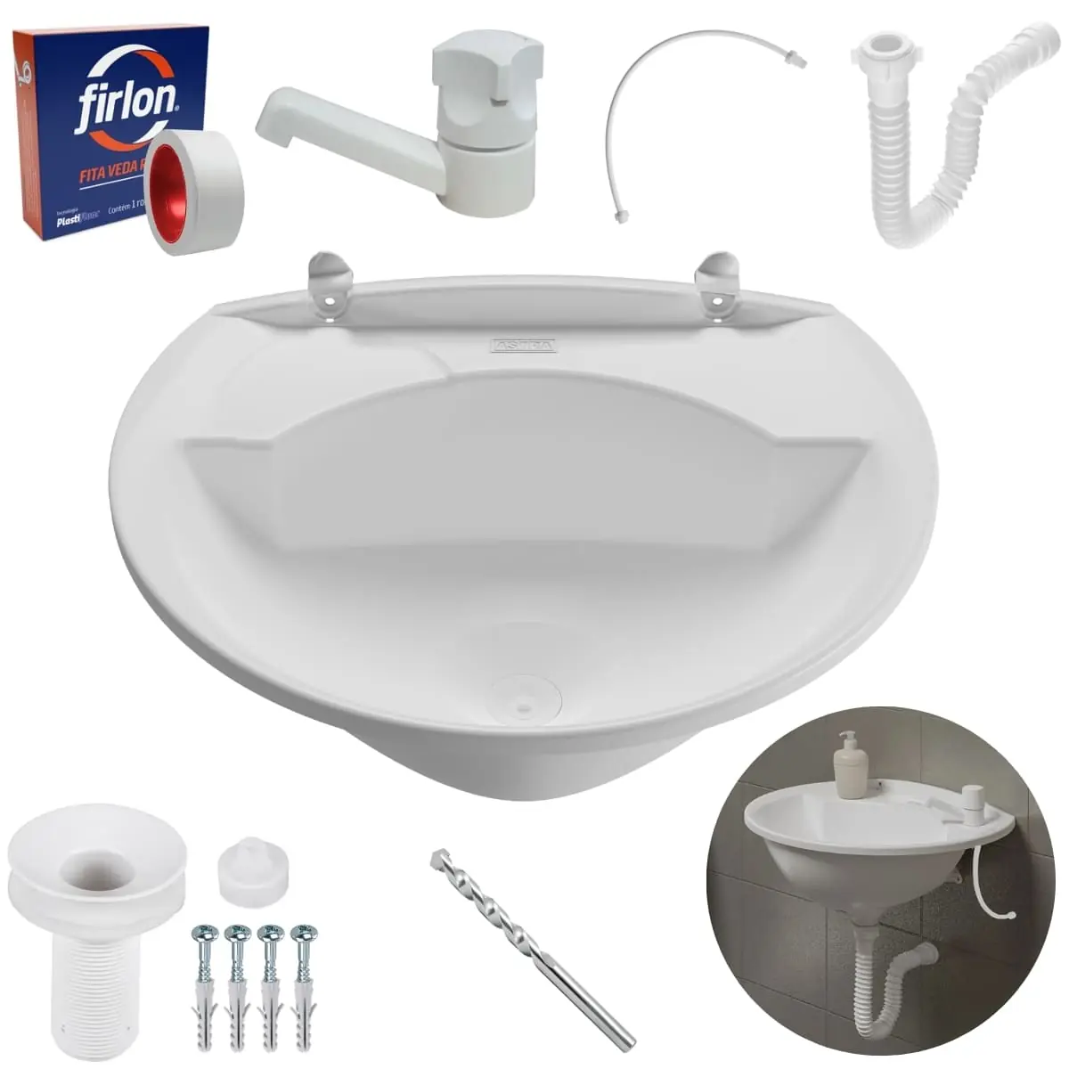 Pia Lavatório 4l + Torneira Branca + Sifão Sanfonado + Engate Flexível + Veda Rosca + Broca