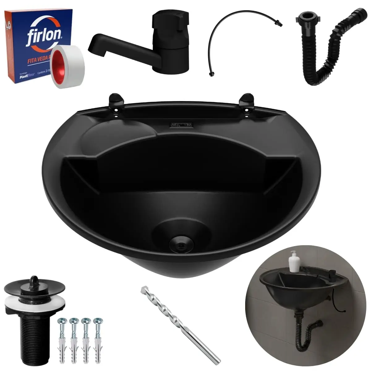 Pia Banheiro 4l + Torneira Preta + Sifão Sanfonado + Engate Flexível + Veda Rosca + Broca