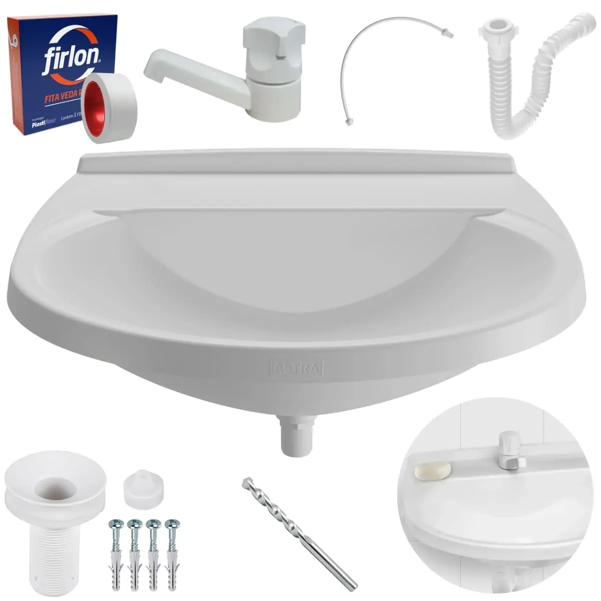 Pia Banheiro 8l + Torneira Branca + Sifão Sanfonado + Engate Flexível + Veda Rosca + Broca