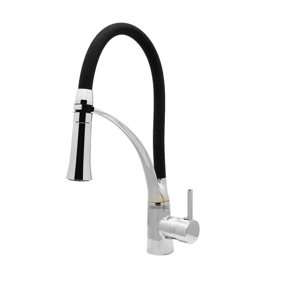 Torneira Cozinha Gourmet Monocomando Quente e Fria Cromada Tubo Preto Flexível Duplo Jato