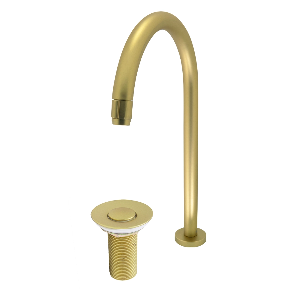 Kit Banheiro Torneira Dourado Fosco Alta + Válvula para Pia Metal Luxo