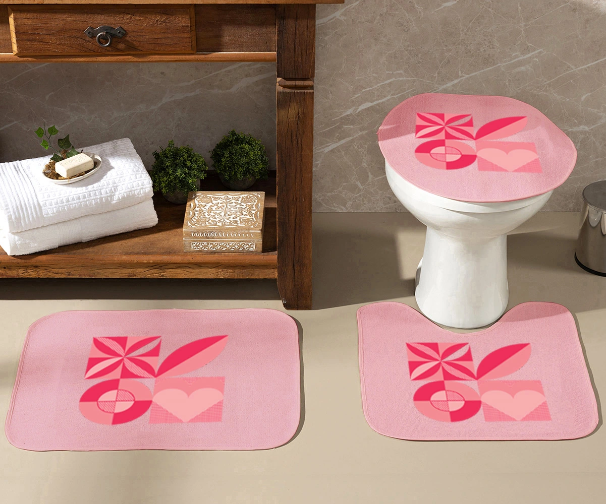Jogo De Banheiro Rosa Geo Vermelho 03 Peças - Antiderrapante