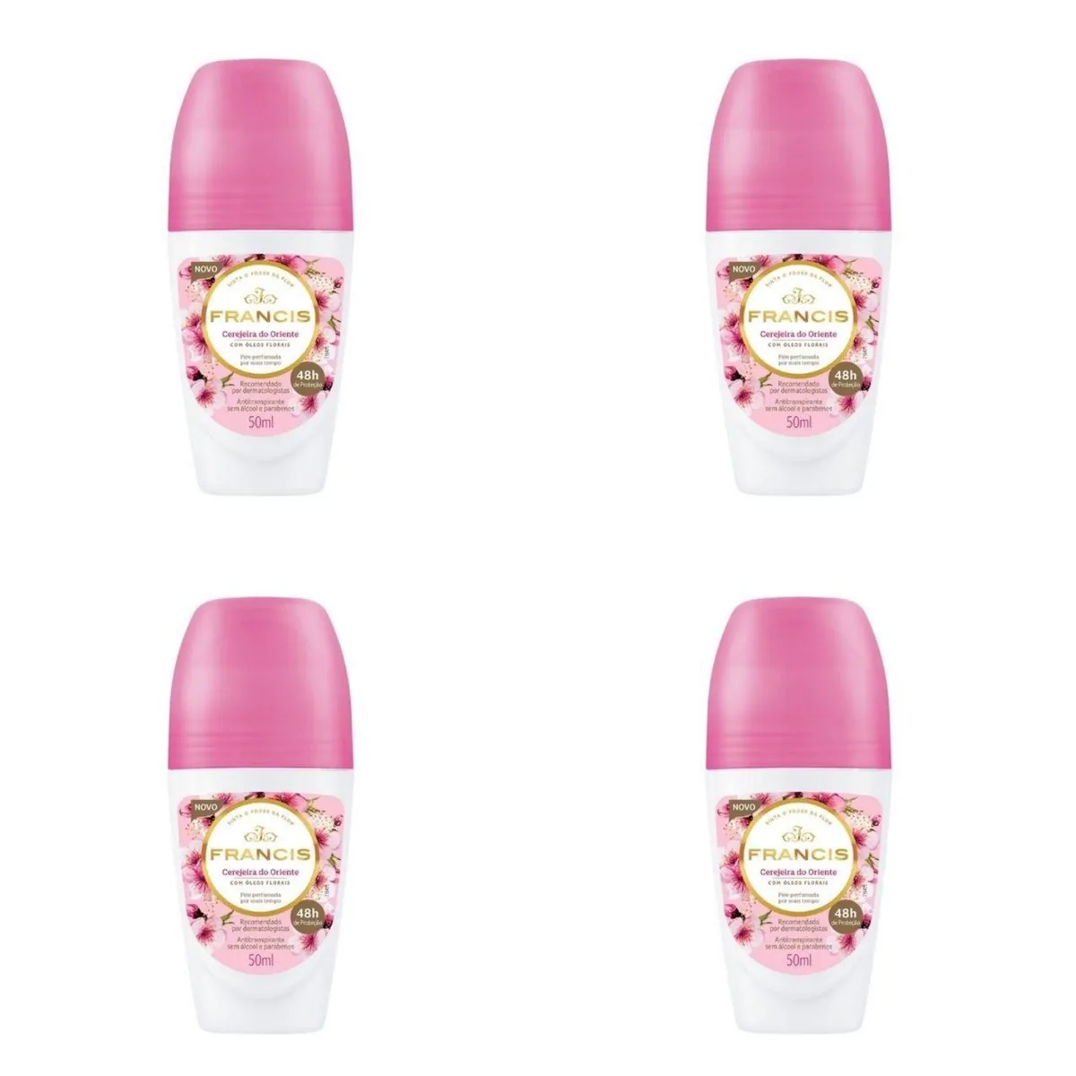 Kit c/4 Unidades de Desodorante Rollon Francis Hydrata 50ml Cerejeira Do Oriente