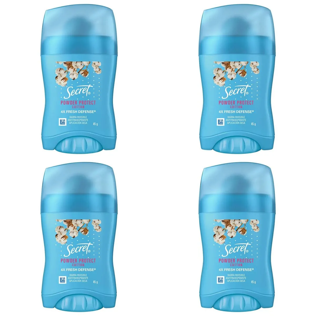 Kit c/4 Unidades de Desodorante Twist Stick Barra Secret Powder Protect Cotton 48h 45g