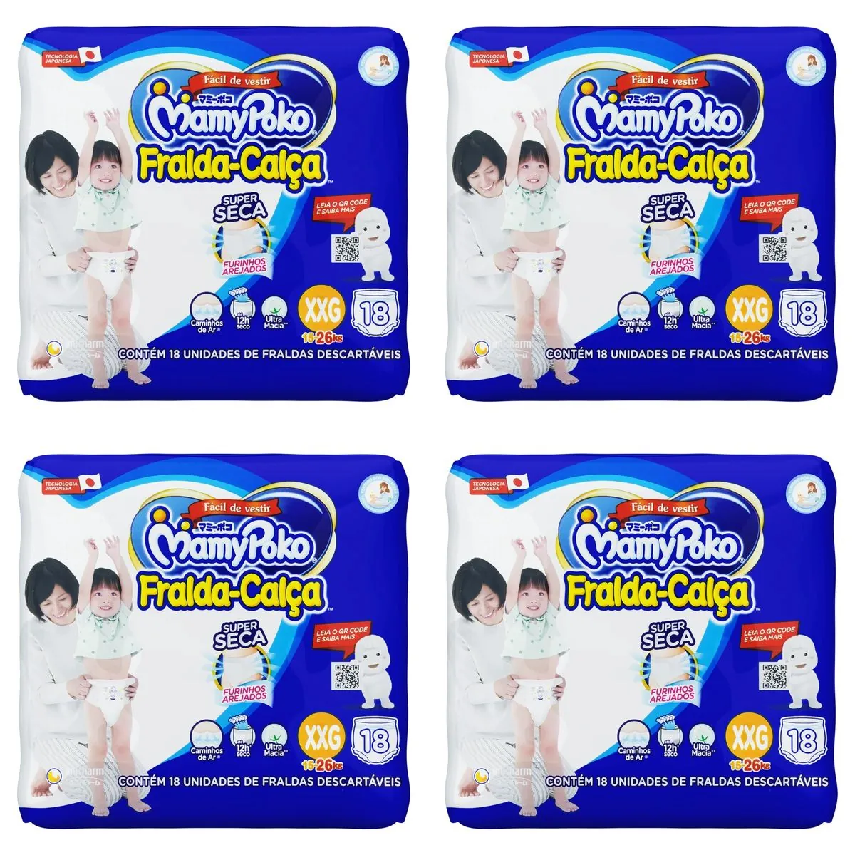 Kit 4 Fraldas Infantil Super Seca Calça MamyPoko XXG Pacote 18 Unidades cada