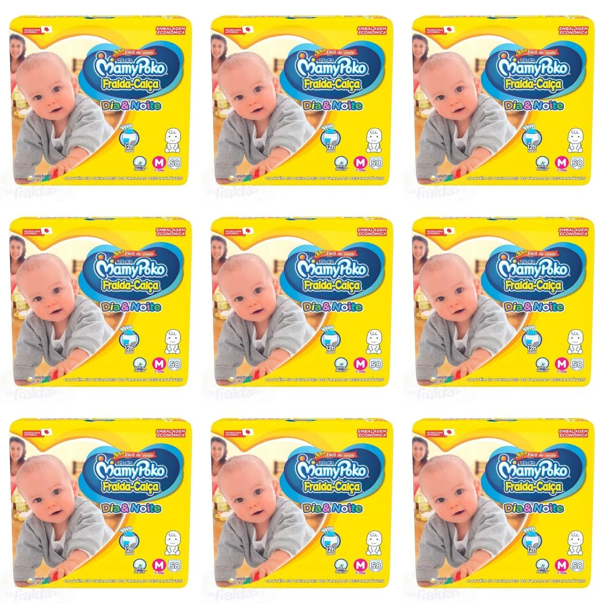 Kit 9 Fraldas-Calça Mamypoko Dia&Noite Roupinha M c/58 Unidades cada