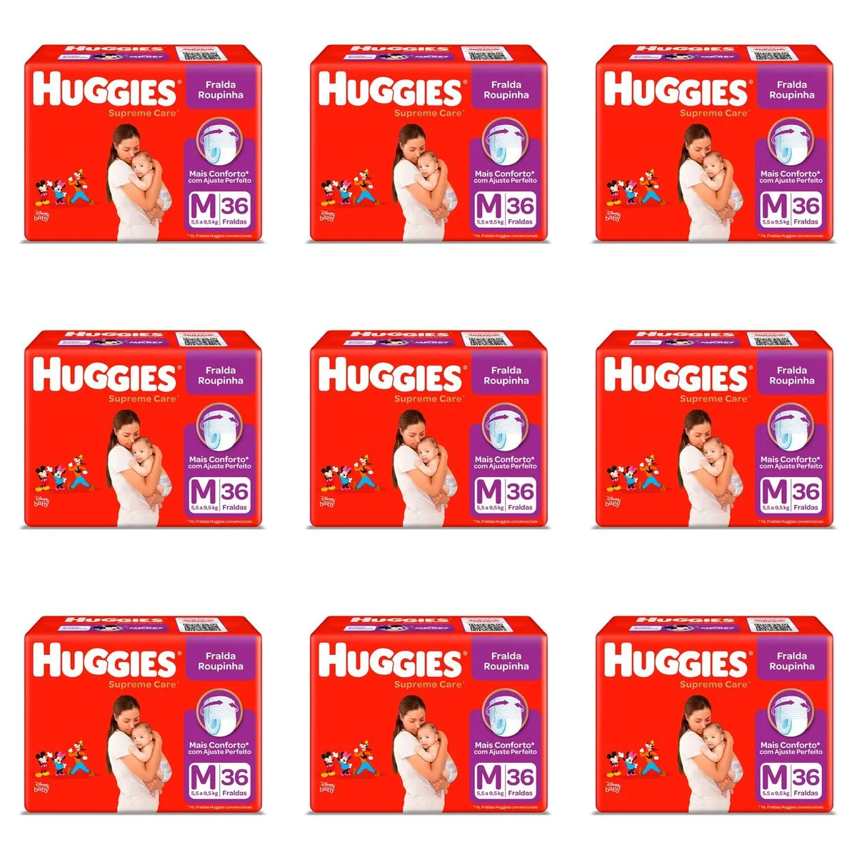 Kit 9 Fraldas Huggies Roupinha Supreme Care M c/36 Unidades cada