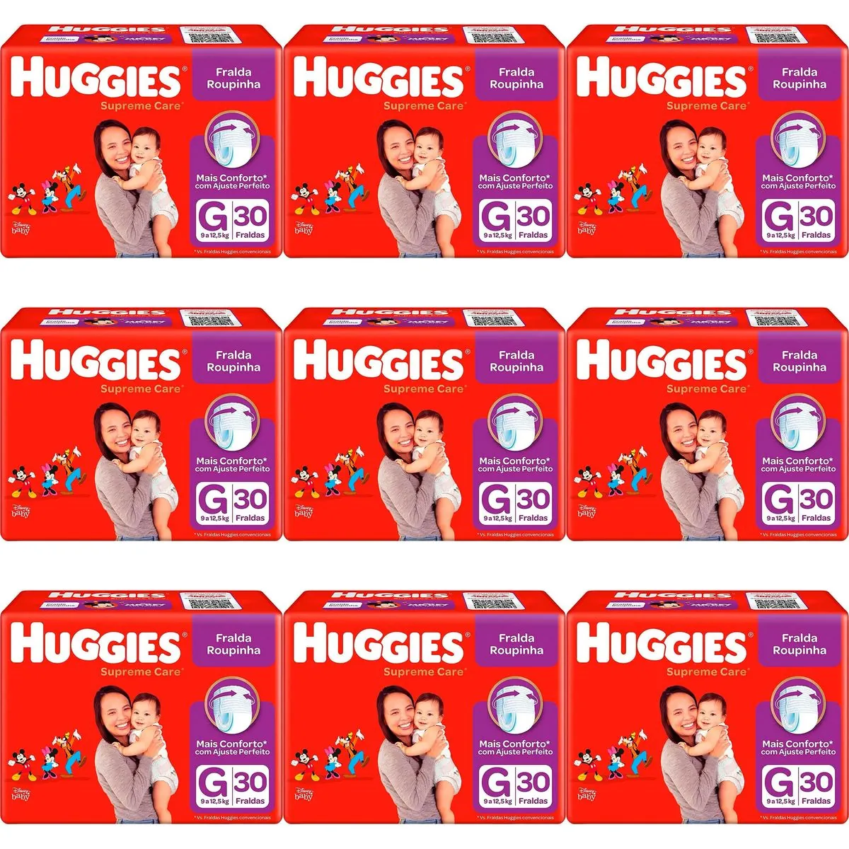 Kit 9 Fraldas Huggies Roupinha Supreme Care G c/30 Unidades