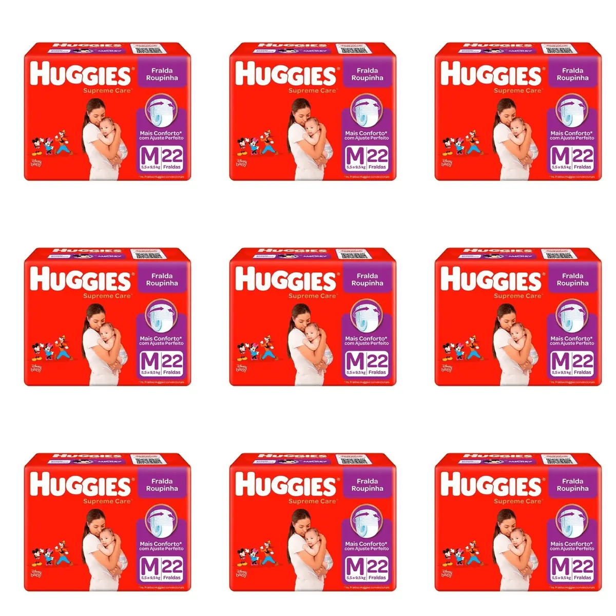 Kit 9 Fraldas Huggies Roupinha Supreme Care Jumbo M c/22 Unidades cada