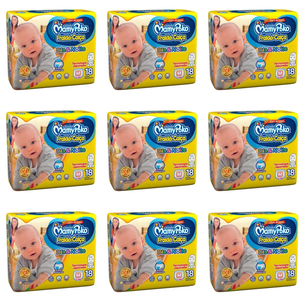 Kit 9 Fraldas Calca Mamypoko Dia e Noite Tamanho Médio 18 Unidades cada