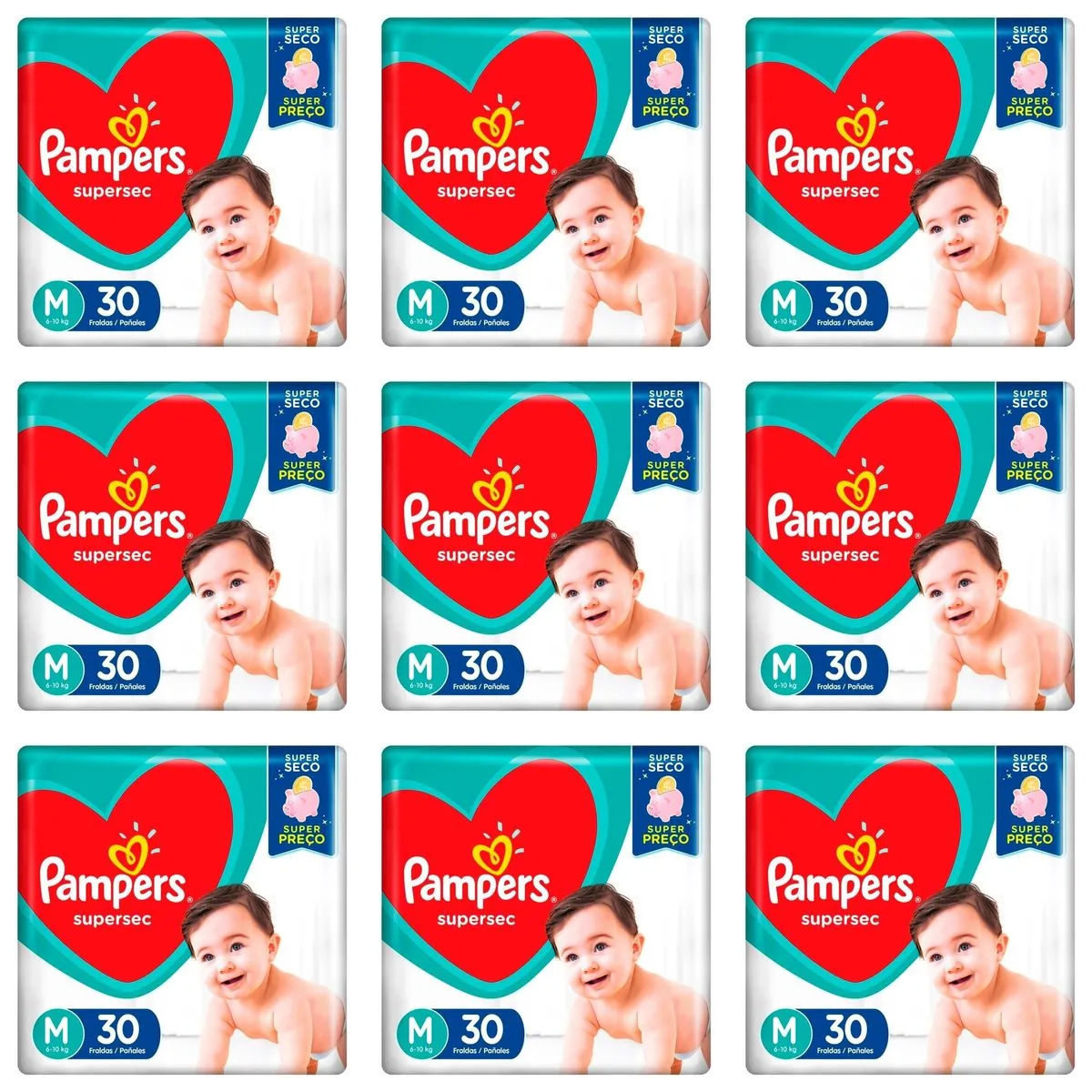 Kit 9 Fraldas Pampers Supersec M c/30 Unidades cada