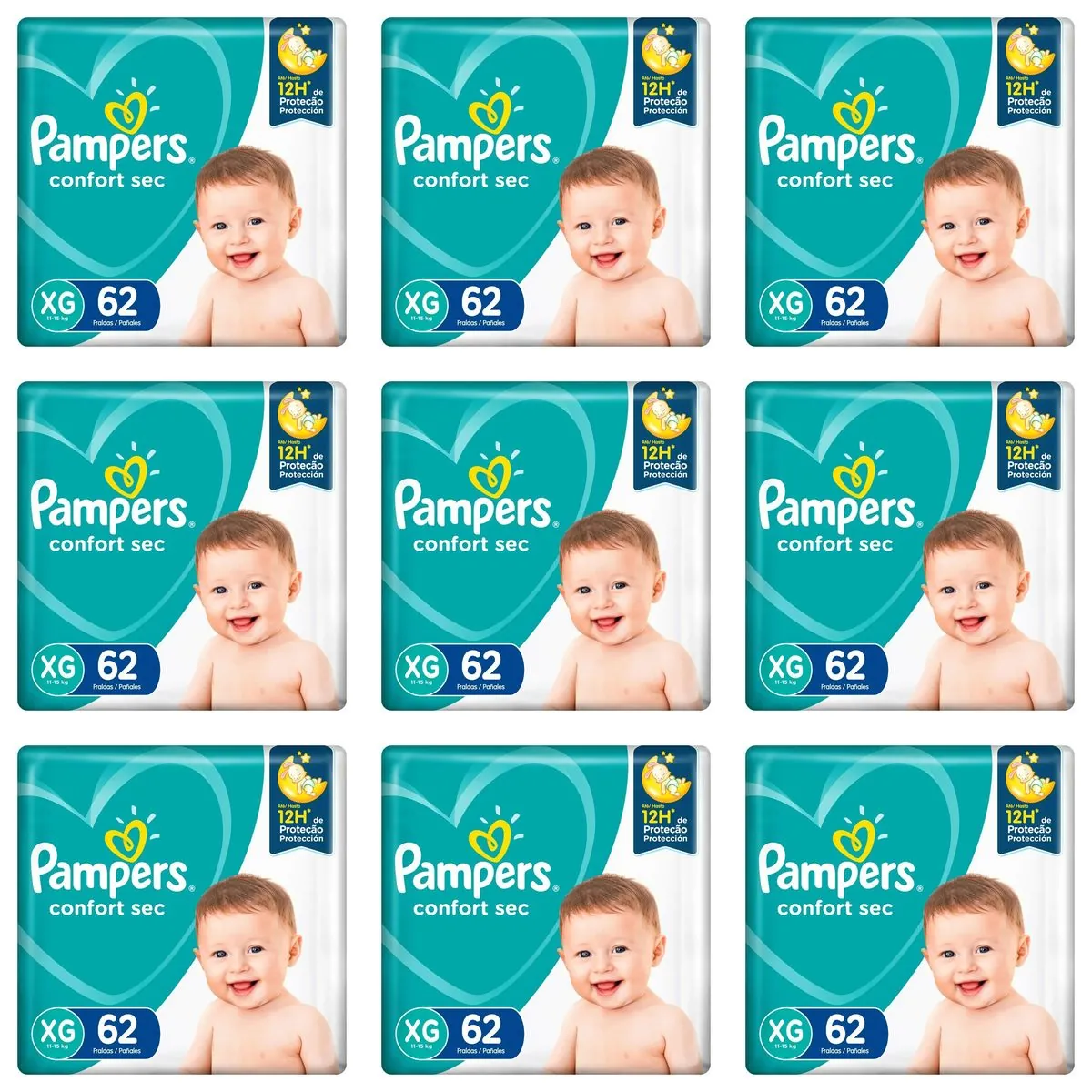 Kit 9 Fraldas Pampers Confort Sec Plus XG com 62 unidades cada