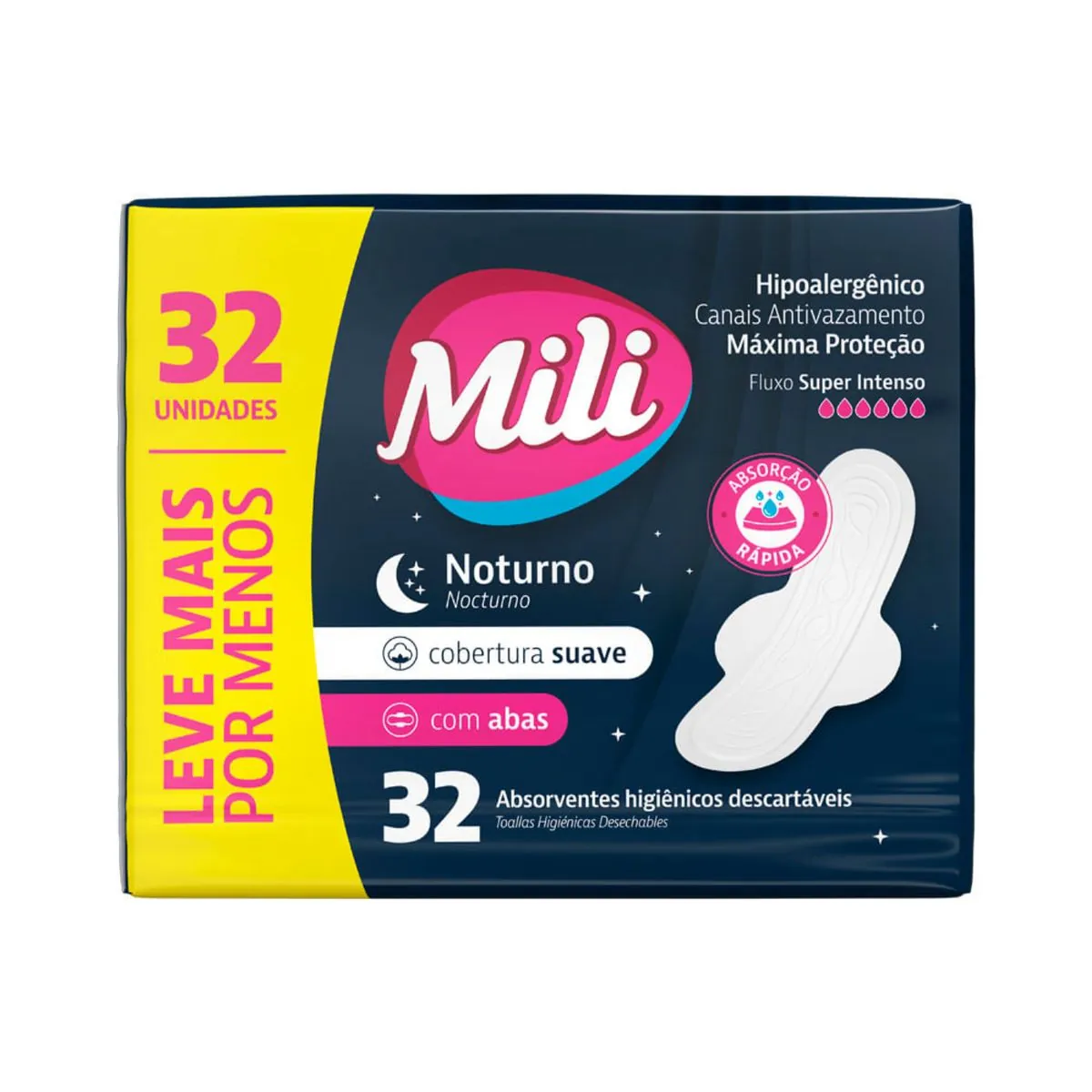 Kit c/2 Absorvente Mili Noturno Suave C/Abas 32 Unidades