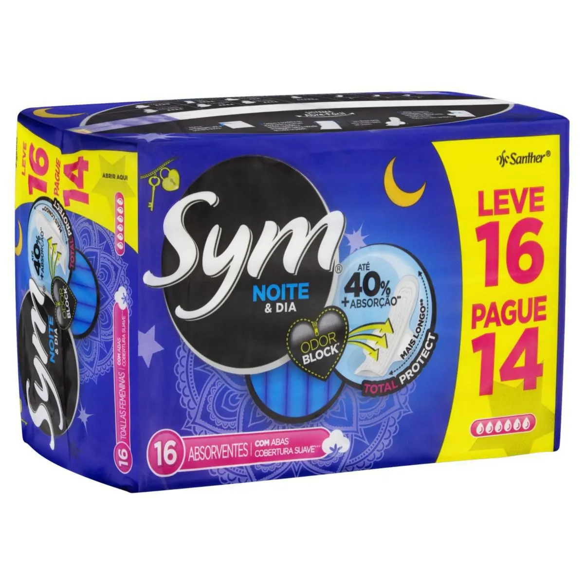 Kit c/2 Absorvente Sym Total Protect Noite e Dia Cobertura Suave Com Abas 16 Unidades