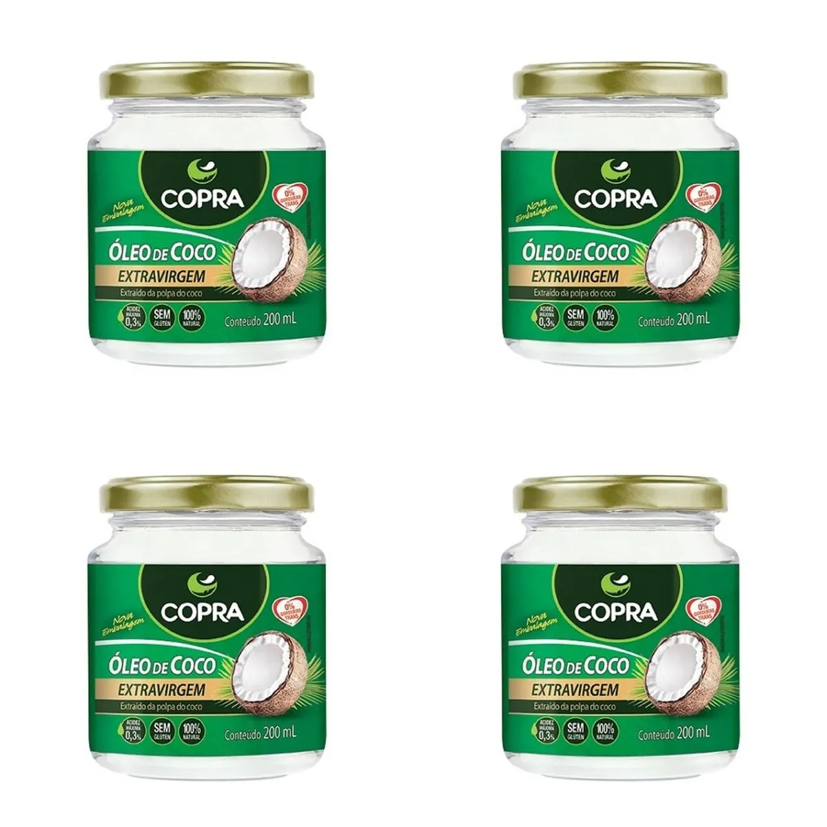 Kit c/4 Óleos de Coco Extravirgem Copra Vidro 200ml cada