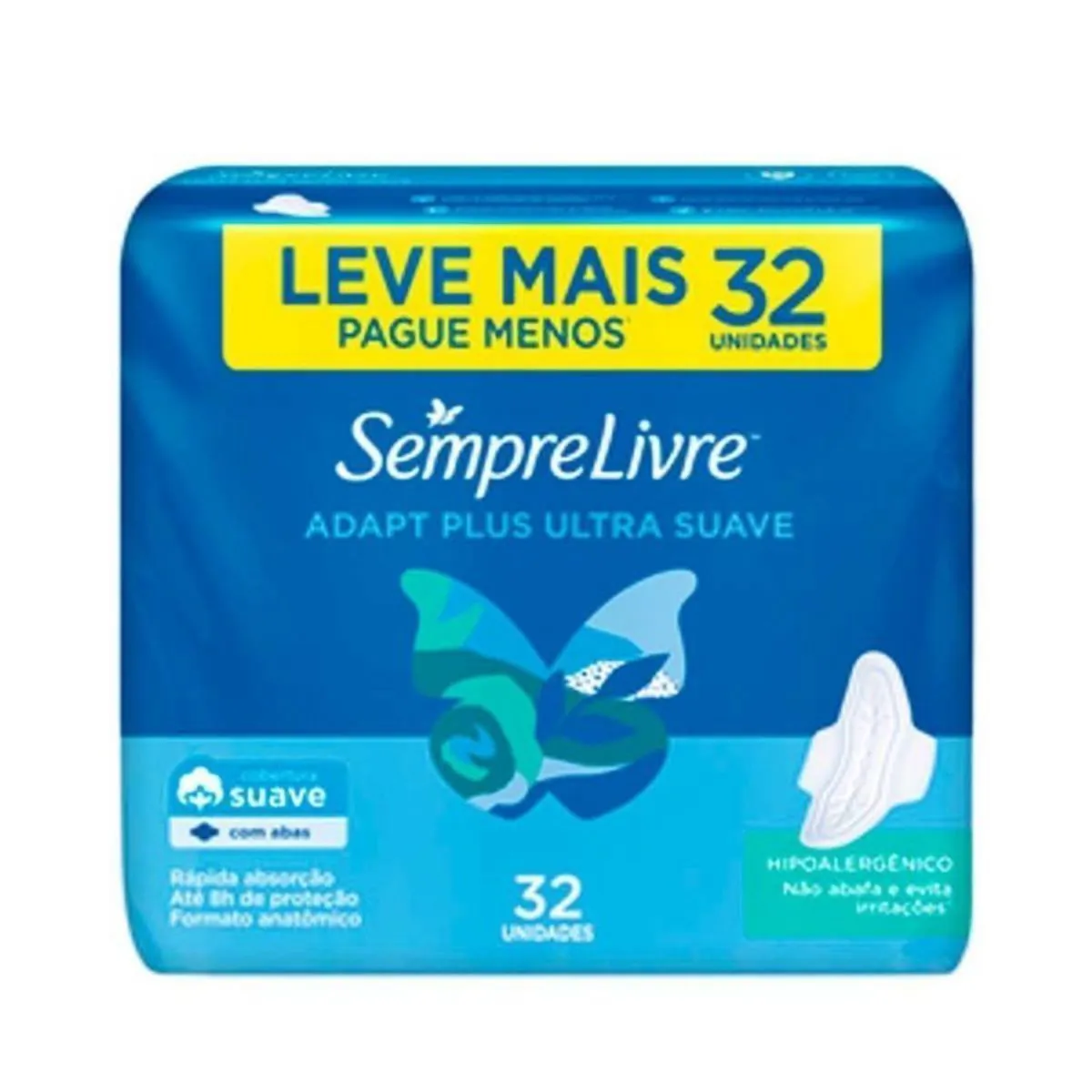 Kit c/4 Absorvente Sempre Livre Com 32 Unidades Adapt Plus Suave Com Abas