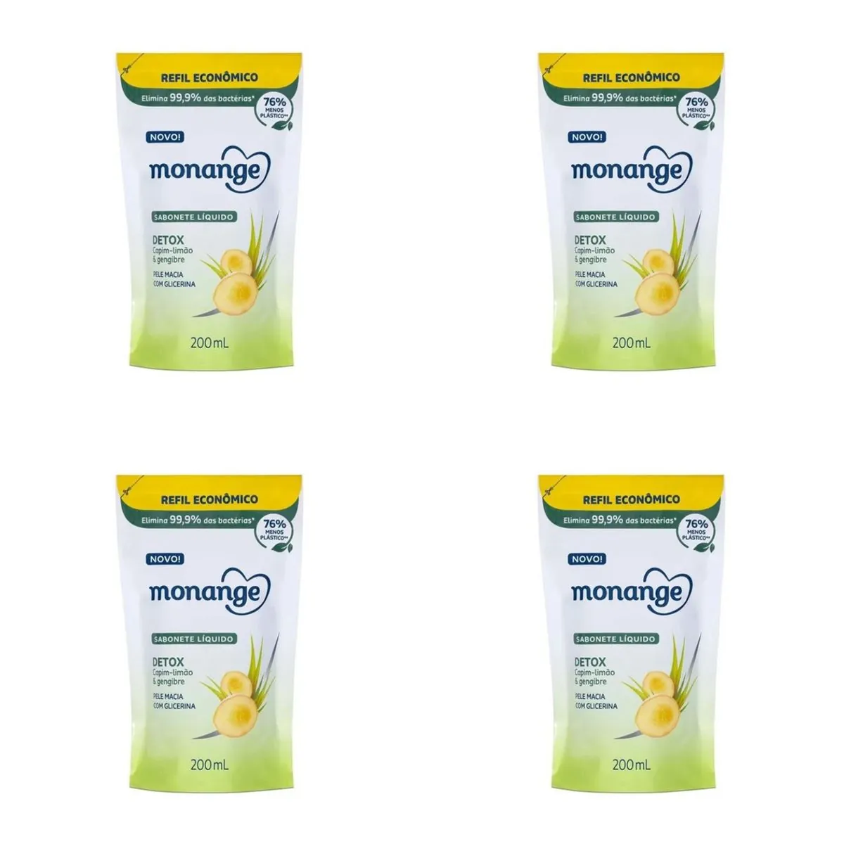 Kit c/4 Sabonetes Liquido Monange 200ml Refil Detox