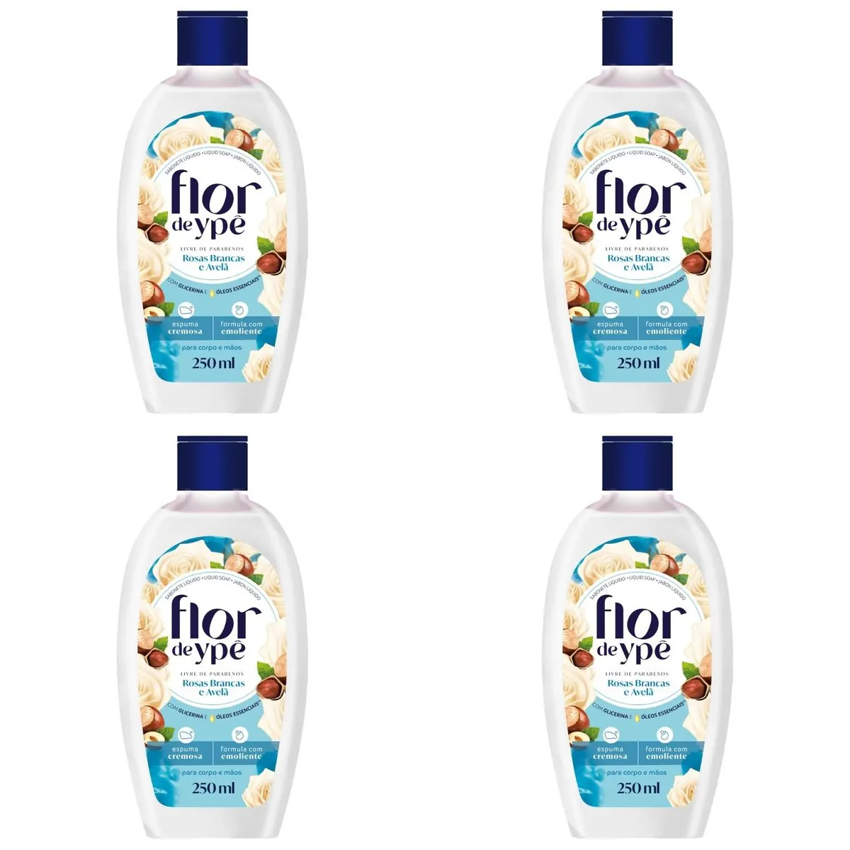 Kit c/4 Sabonetes Líquido Flor De Ype 250ml Rosas Brancas E Avelã
