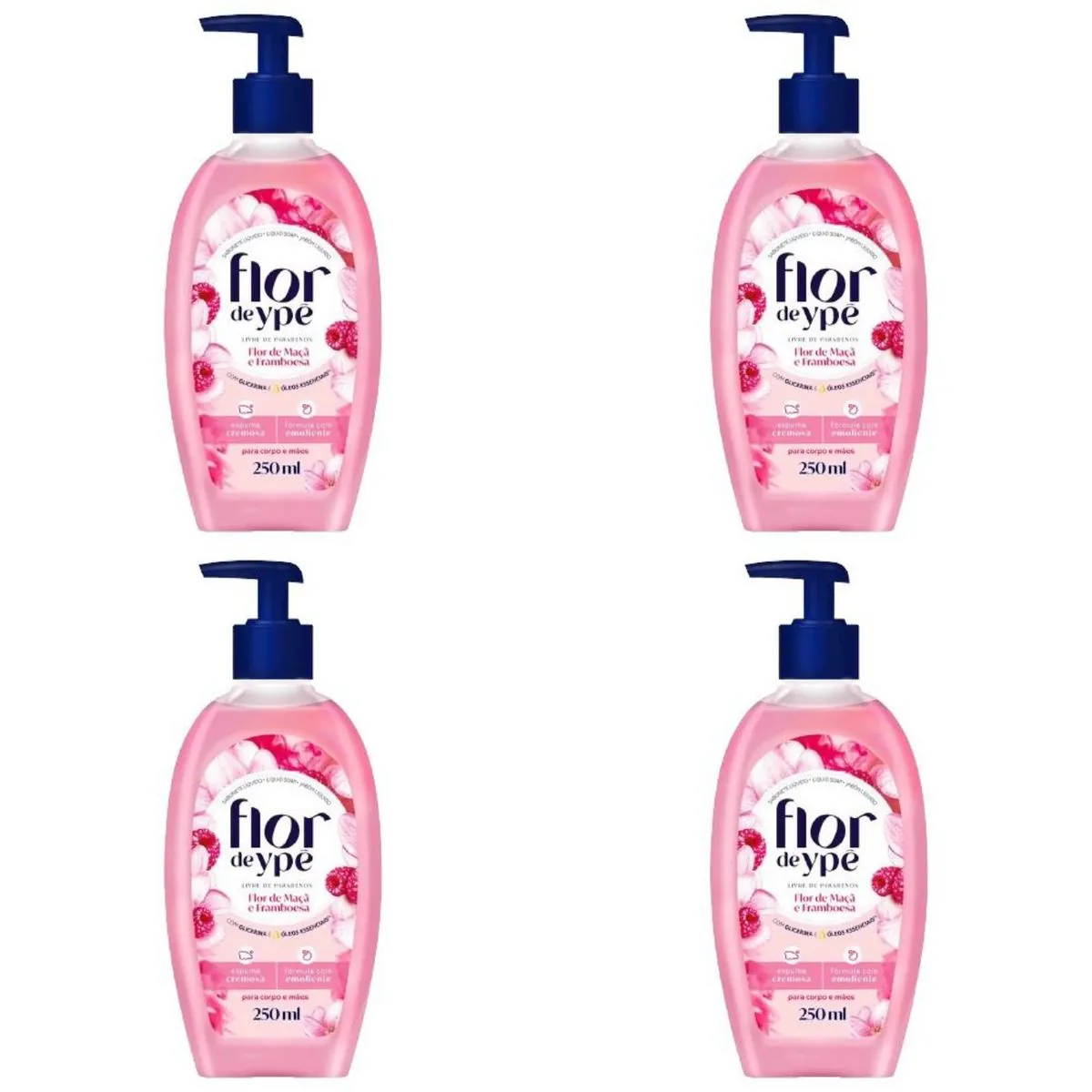 Kit c/4 Sabonetes Líquido Flor De Ype 250ml Flor De Macã E Framboesa