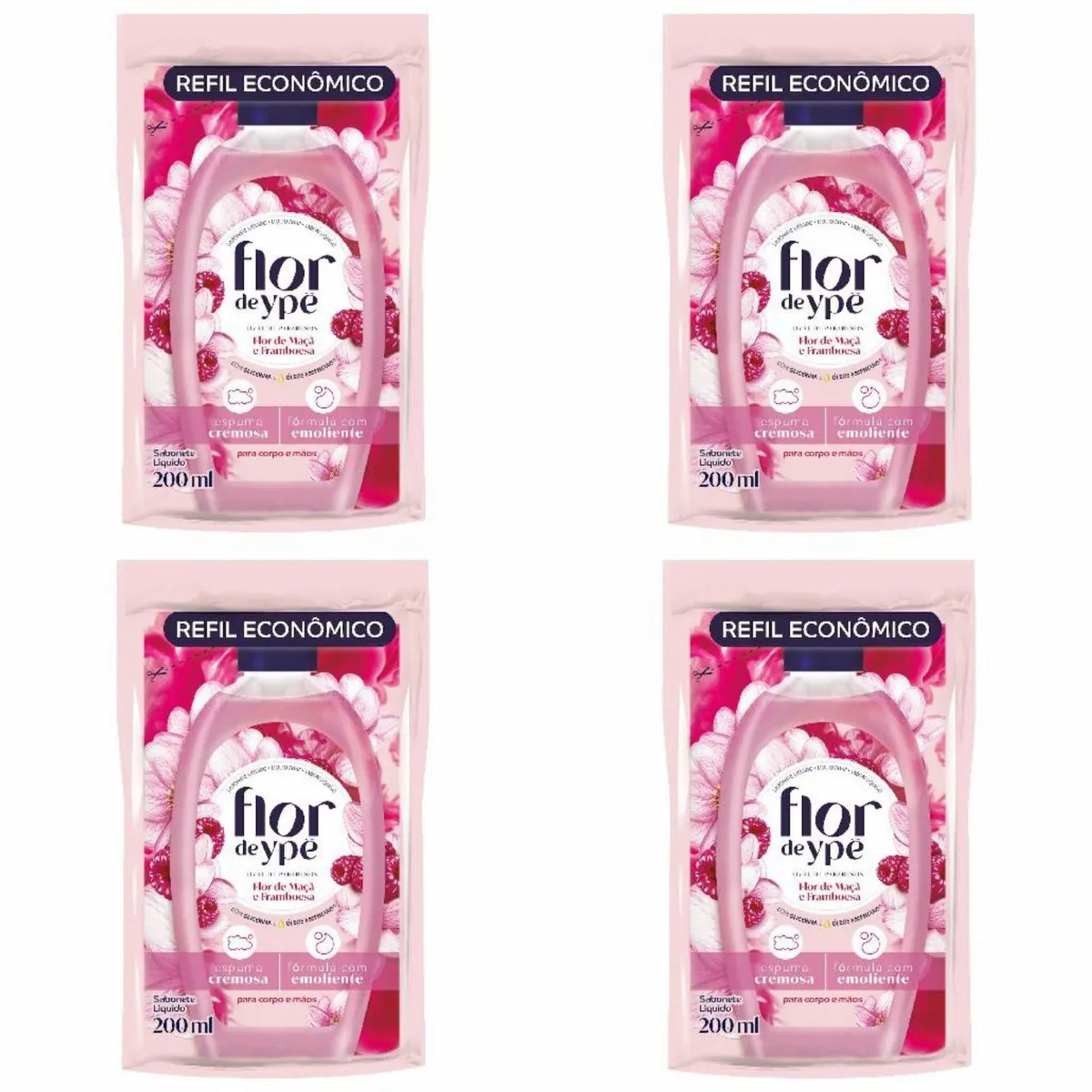 Kit c/4 Sabonetes Líquido Flor De Ype Refil 200ml Flor Macã /Framboesa
