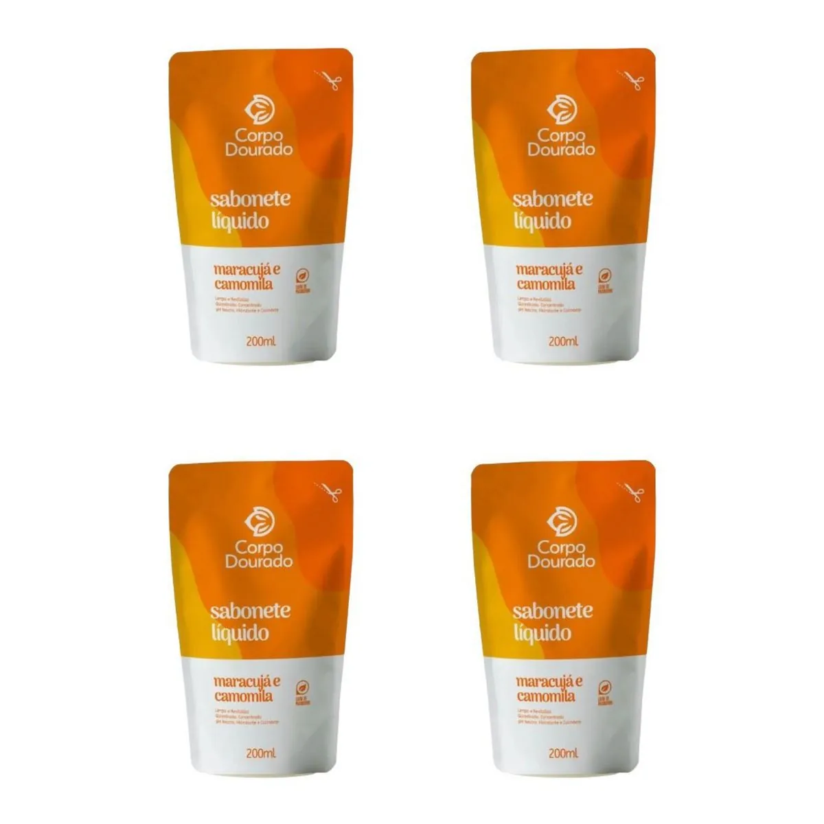Kit c/4 Sabonetes Liquido Corpo Dourado Pouch 200ml Maracujá/Camomila