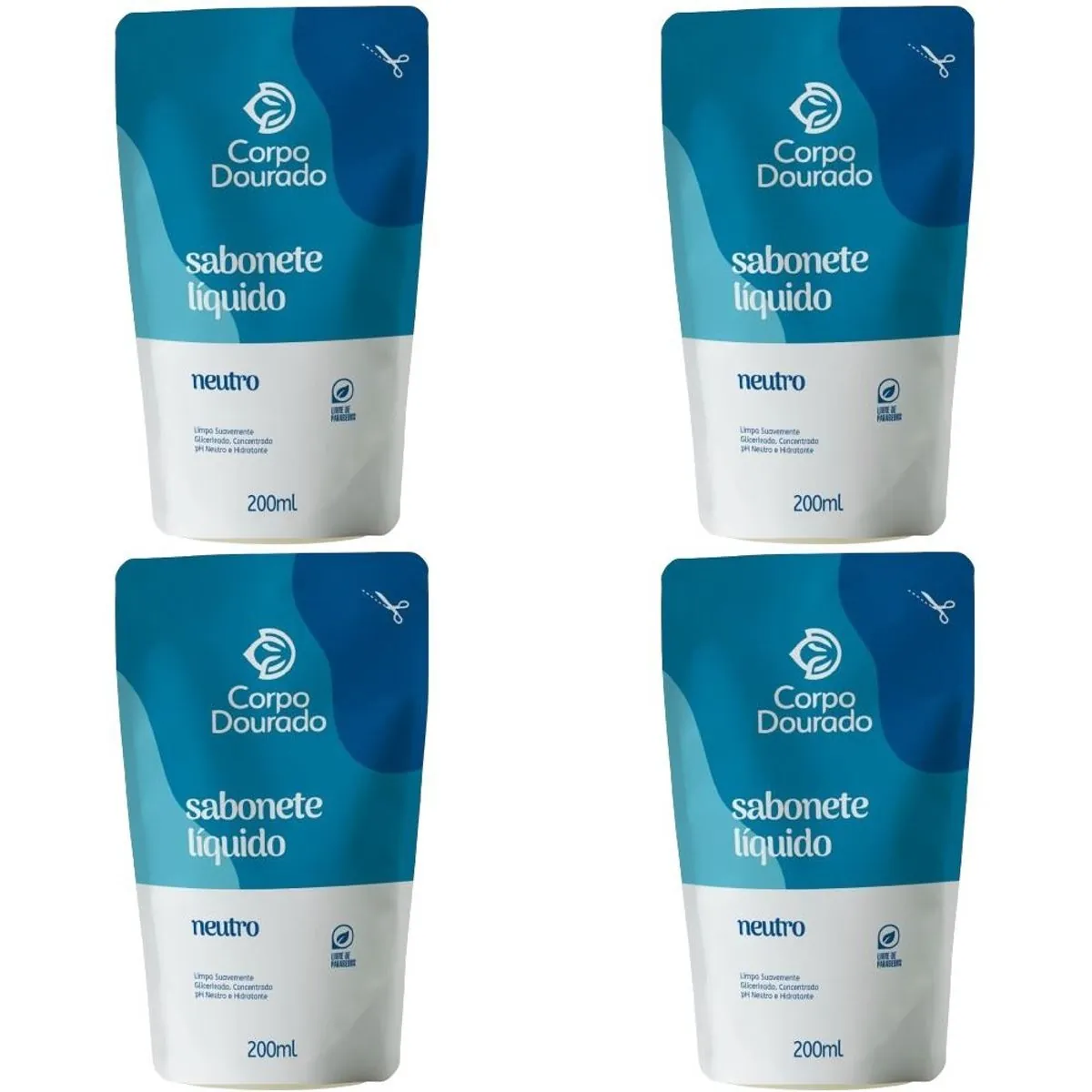 Kit c/4 Sabonetes Líquido Corpo Dourado Pouch 200ml Neutro