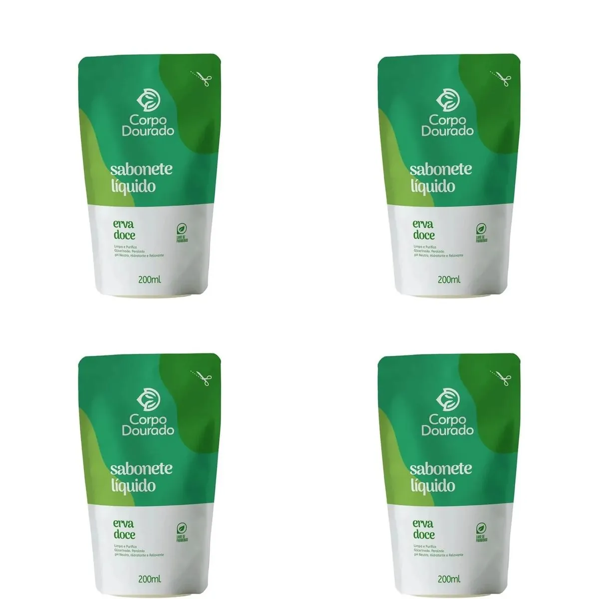 Kit c/4 Sabonetes Líquido Corpo Dourado Pouch 200ml Erva Doce