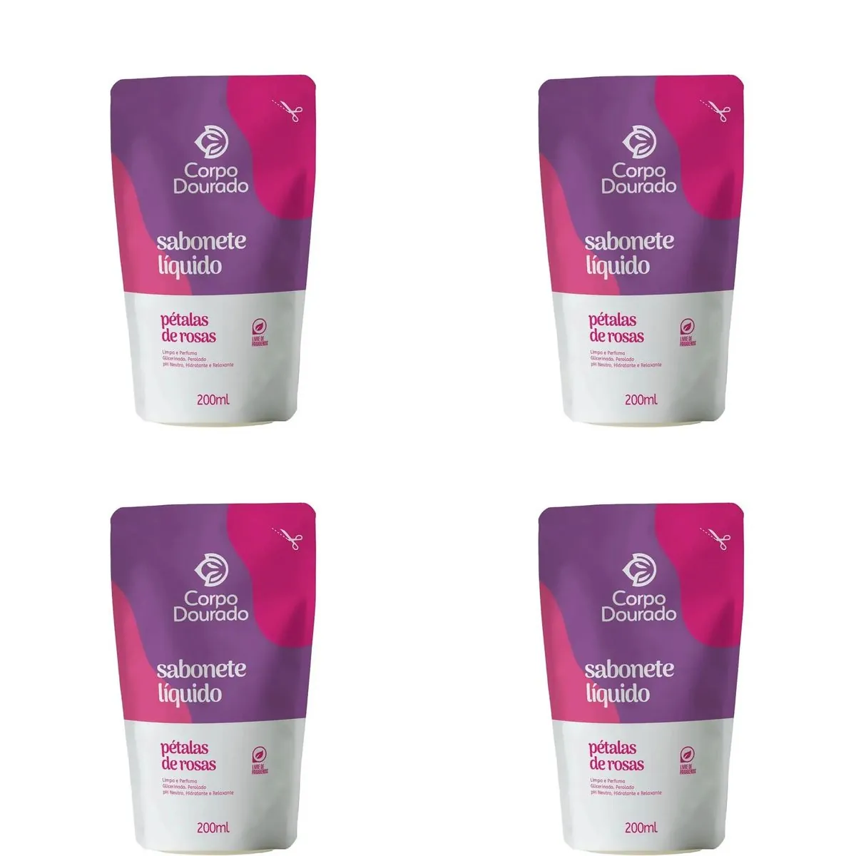 Kit c/4 Sabonetes Líquido Corpo Dourado Pouch Petalas De Rosa 200ml